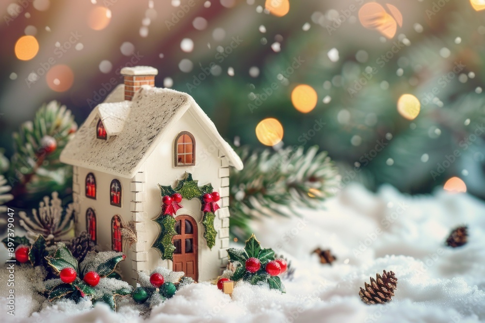 Miniature white christmas house model decorated with holly sitting on snow with a festive background Miniature white christmas house model decorated with holly sitting on snow with a festive background