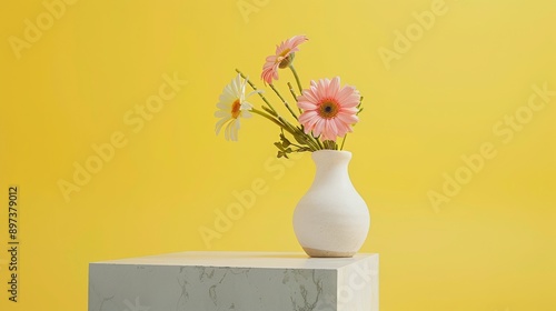 yellow pastel background, flower vase on a white marble showcase platform, professional photo, flat lighting 