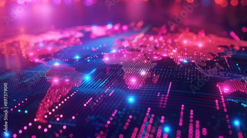 A vibrant digital world map glowing with bright neon colors, symbolizing global connectivity and technology advancements in a futuristic setting.
