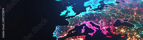 Wallpaper Mural Vibrant digital rendering of Europe highlighting major cities and connections with colorful lights, showcasing technological connectivity and innovation. Torontodigital.ca