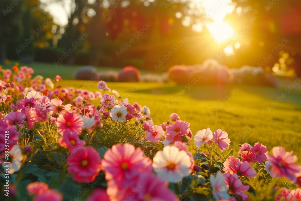 Beautiful field of pink and red flowers under the warm glow of the sunset, creating a romantic and serene outdoor scene with vibrant colors and natural beauty. Beautiful field of pink and red flowers under the warm glow of the sunset, creating a romantic and serene outdoor scene with vibrant colors and natural beauty.