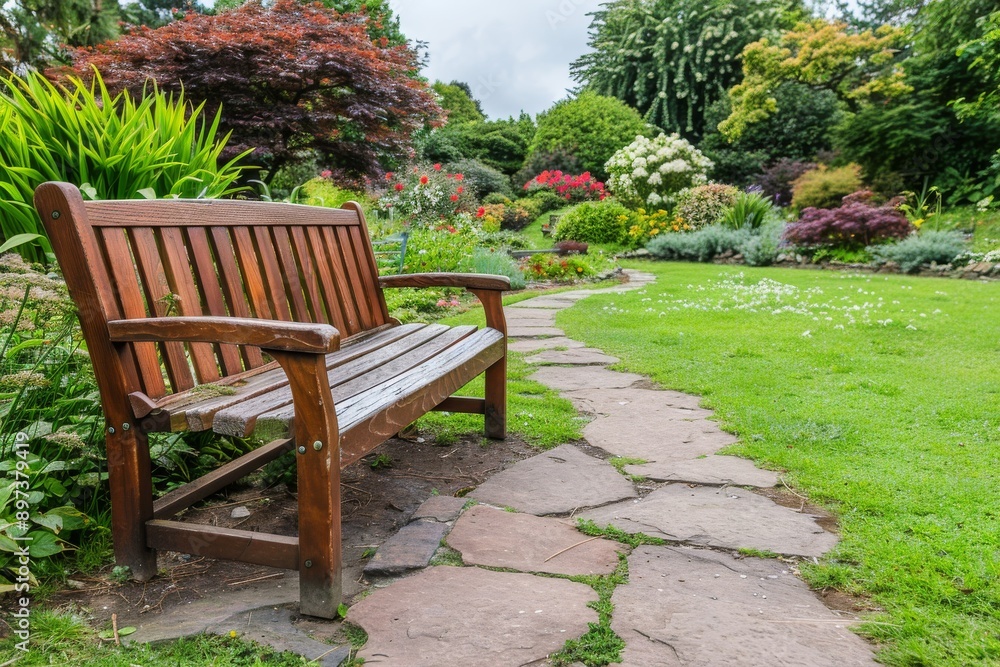 Serene garden bench surrounded by lush greenery and vibrant flowers, creating a peaceful and inviting outdoor setting with natural beauty and charm. Serene garden bench surrounded by lush greenery and vibrant flowers, creating a peaceful and inviting outdoor setting with natural beauty and charm.
