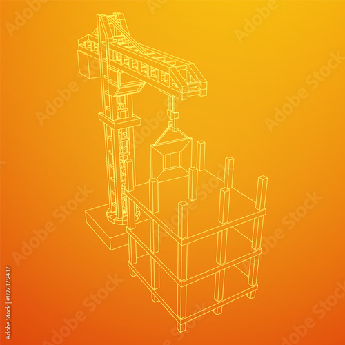Construction crane tower. Building under construction industrial concept. Wireframe low poly mesh vector illustration.