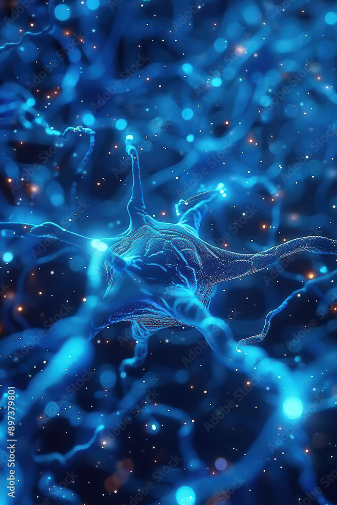 A detailed visual of a neuron, focusing on its intricate network and bioluminescent glow. Perfect for science and educational purposes. A detailed visual of a neuron, focusing on its intricate network and bioluminescent glow. Perfect for science and educational purposes.