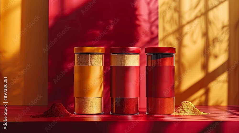 Three Glass Spice Jars With Red and Yellow Powder on a Red Surface Three Glass Spice Jars With Red and Yellow Powder on a Red Surface