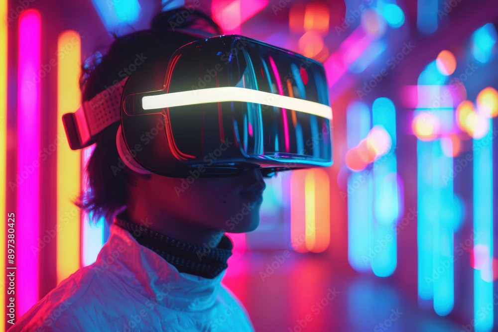 Person wearing a futuristic VR headset experiencing virtual reality in a colorful neon-lit environment, highlighting technology and innovation. Person wearing a futuristic VR headset experiencing virtual reality in a colorful neon-lit environment, highlighting technology and innovation.