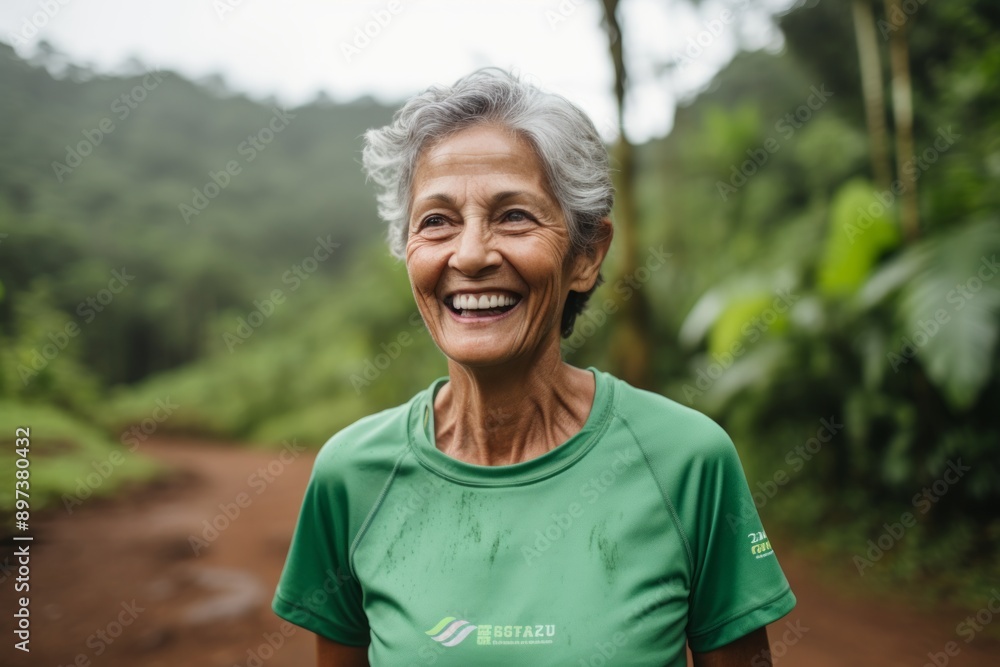 Portrait of a grinning indian woman in her 70s wearing a moisture-wicking running shirt on lush tropical rainforest Portrait of a grinning indian woman in her 70s wearing a moisture-wicking running shirt on lush tropical rainforest