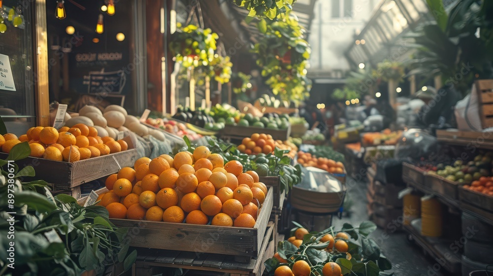 Fototapeta premium Realistic view of urban farmers market with ecofriendly vendors highdefinition clarity