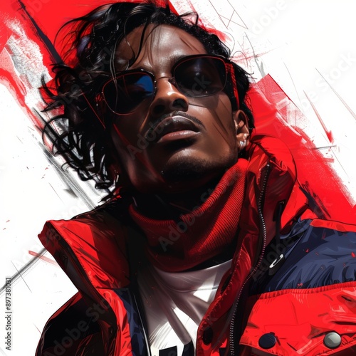 Stylish Man in Red Jacket and Sunglasses street art illustration