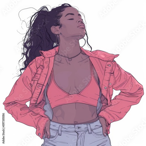 Stylish Woman in Pink Jacket and Crop Top Illustration