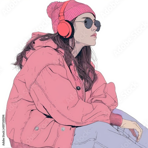 Stylish Woman in Pink Jacket and Crop Top Illustration