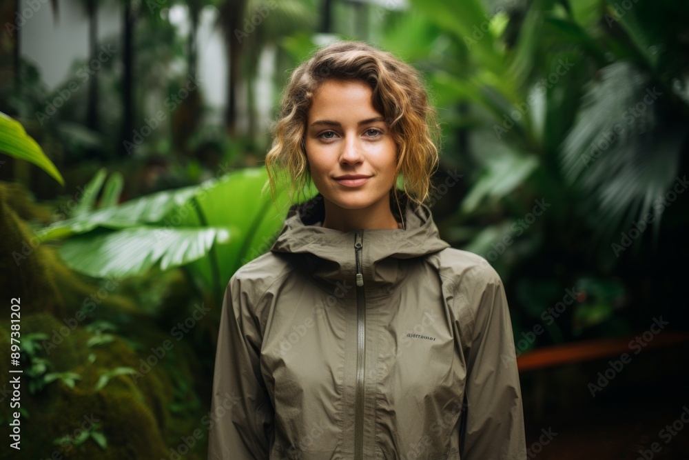 Portrait of a satisfied woman in her 20s wearing a windproof softshell isolated on lush tropical rainforest Portrait of a satisfied woman in her 20s wearing a windproof softshell isolated on lush tropical rainforest