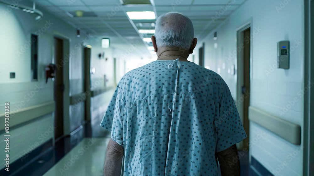 An elderly man stands in a hospital gown in an empty corridor An elderly man stands in a hospital gown in an empty corridor