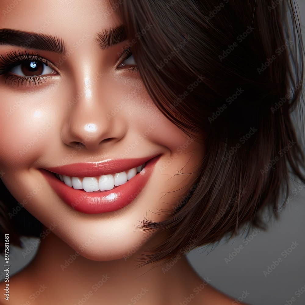 Half Portrait of a beautiful brunette girl with short hair. She has a beautiful mouth with beautiful smile, show the gleaming white teeth Half Portrait of a beautiful brunette girl with short hair. She has a beautiful mouth with beautiful smile, show the gleaming white teeth