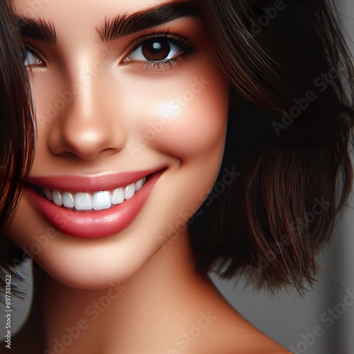 Wallpaper Mural Half Portrait of a beautiful brunette girl with short hair. She has a beautiful mouth with beautiful smile, show the gleaming white teeth Torontodigital.ca