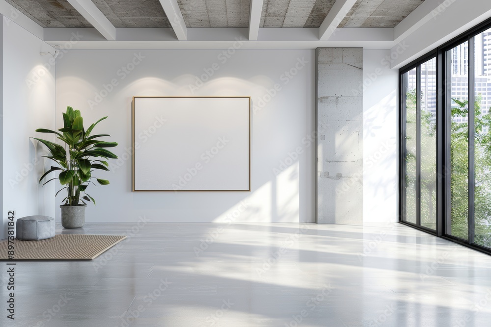 Fototapeta premium Modern empty living room with blank poster frame on white wall