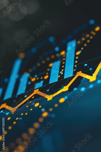 Arrow up G remodeling graph, business growth, blue dot points, dark background, and mustard accents. Stock market rising.