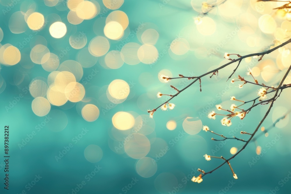 Fototapeta premium Delicate tree branch with blooming buds on abstract background with golden bokeh lights