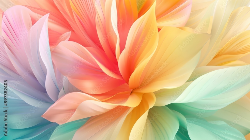 Fototapeta premium Abstract floral art featuring vibrant petals in soft pastel shades of pink, yellow, blue, and green.