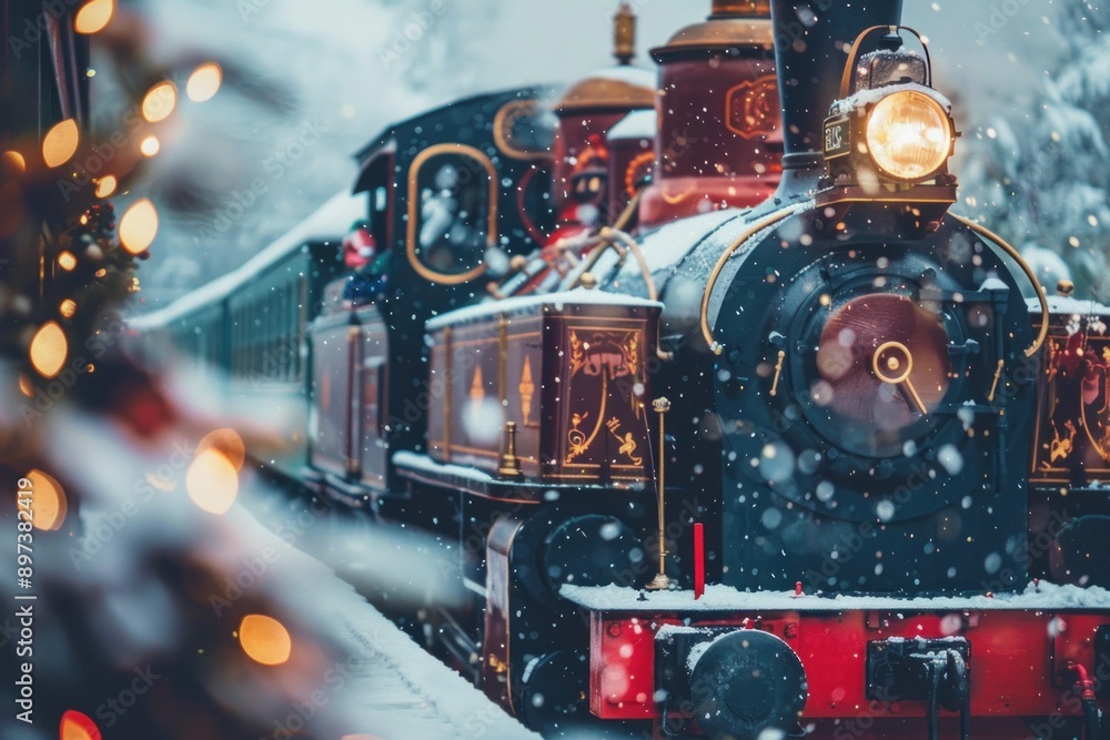 Authentic steam train covered by snow is waiting at the station on a snowy christmas day Authentic steam train covered by snow is waiting at the station on a snowy christmas day