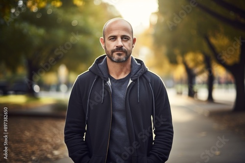 Portrait of a content man in his 40s wearing a zip-up fleece hoodie while standing against vibrant city park © Markus Schröder