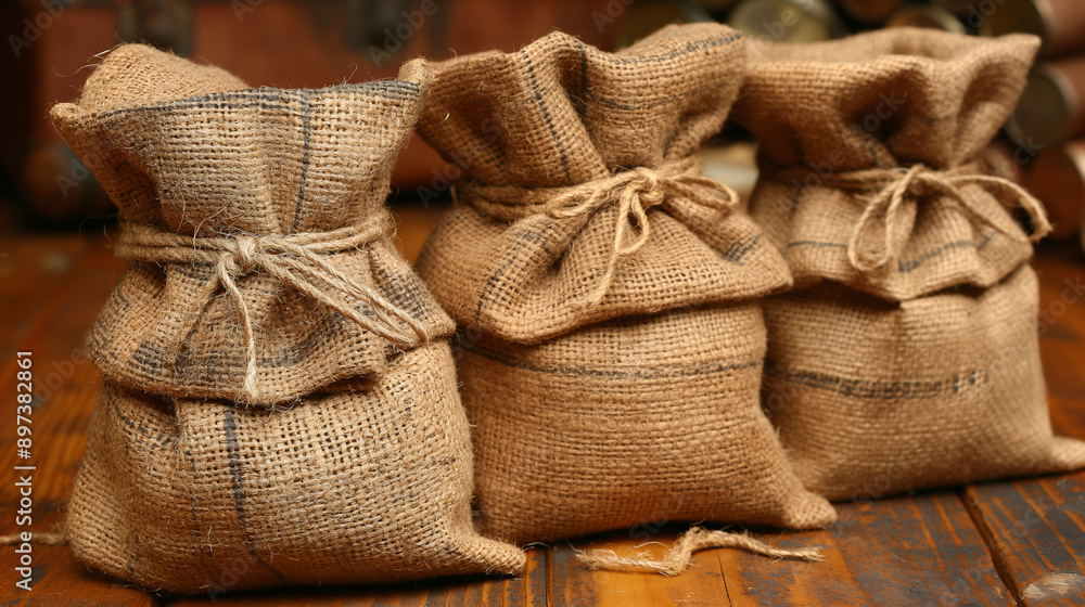Set of Jute Bags on Old Wooden Table for Rustic Wedding Decor Set of Jute Bags on Old Wooden Table for Rustic Wedding Decor