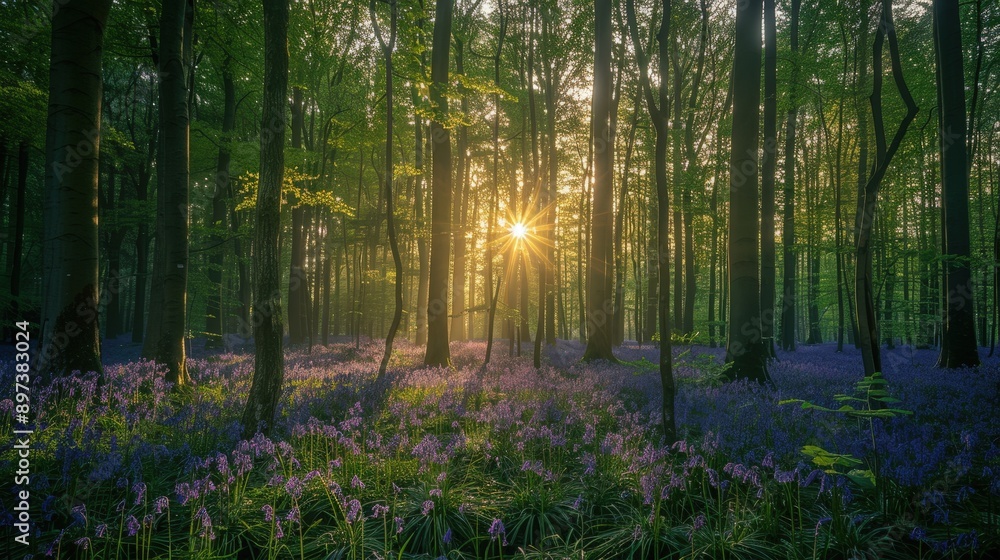 Fototapeta premium Enchanting Forest Sunrise with Bluebell Meadow