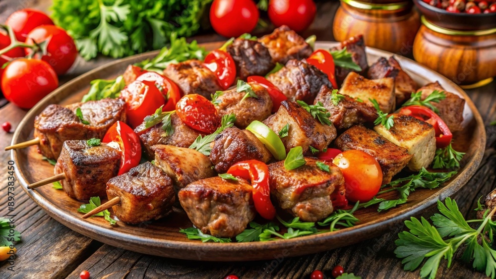 Image of kebab, fried pieces of meat, barbecue, grilled on coals, on a beautiful tray, on a table, in a restaurant, beautiful design, vegetables, tomato, herbs. Macro photography Image of kebab, fried pieces of meat, barbecue, grilled on coals, on a beautiful tray, on a table, in a restaurant, beautiful design, vegetables, tomato, herbs. Macro photography