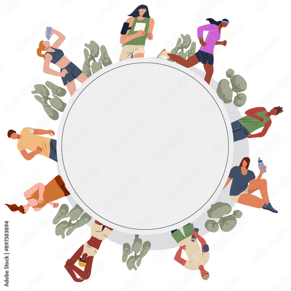 Fototapeta premium Frame, background running people, jogging. Active healthy runners, men , women training outdoors. Flat vector illustration