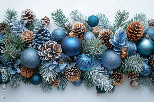 Christmas garland with fir branches, blue balls and cones. festive element, decoration in blue tones.