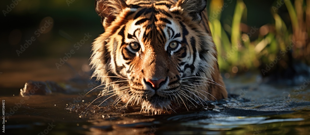 Fototapeta premium a tiger walks in the water. Wild animals. in the river flow