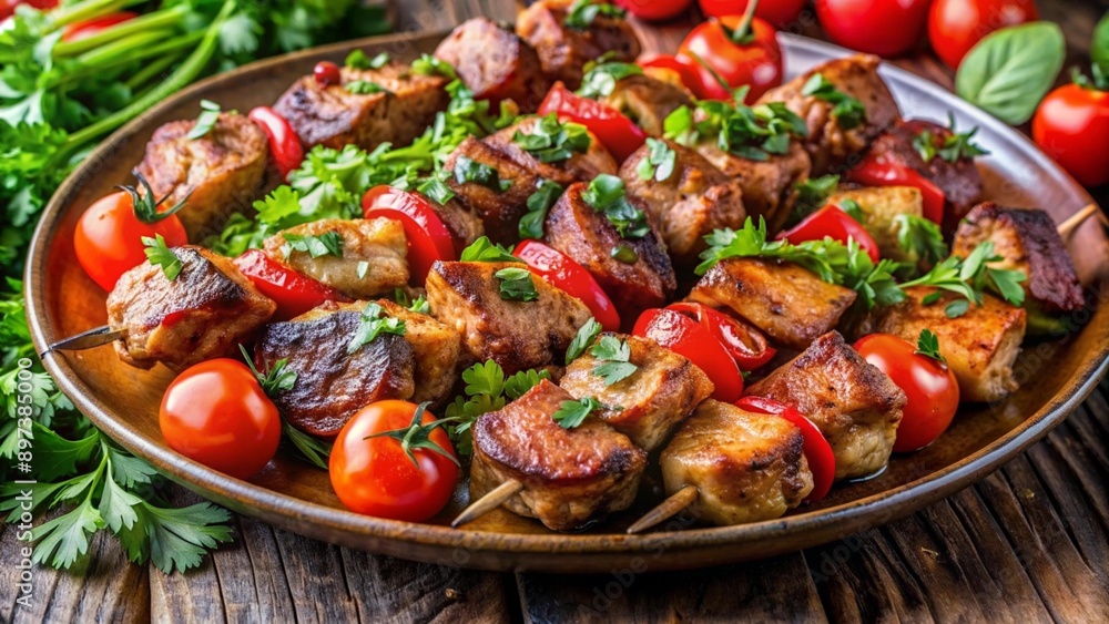 Image of kebab, fried pieces of meat, barbecue, grilled on coals, on a beautiful tray, on a table, in a restaurant, beautiful design, vegetables, tomato, herbs. Macro photography Image of kebab, fried pieces of meat, barbecue, grilled on coals, on a beautiful tray, on a table, in a restaurant, beautiful design, vegetables, tomato, herbs. Macro photography