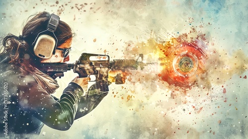Young woman practicing target shooting with rifle on colorful abstract background, concept of youth sports training, focus, precision. Watercolor illustration