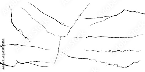 Surface cracks and fissures in ground, concrete, crevices from disaster top view. Breaks on land surface from earthquake isolated on white background. Broken ground, wall, glass pattern effect. Damage