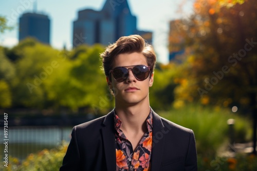 Portrait of a tender man in his 20s wearing a trendy sunglasses isolated in vibrant city park