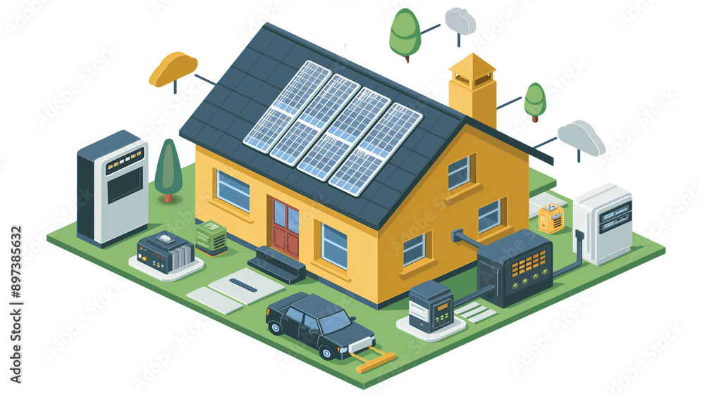 Home electricity battery energy storage system diagram 3D ,isometric Home electricity battery energy storage system diagram 3D ,isometric