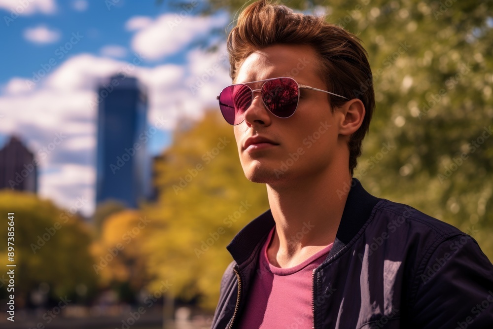 Portrait of a tender man in his 20s wearing a trendy sunglasses isolated in vibrant city park Portrait of a tender man in his 20s wearing a trendy sunglasses isolated in vibrant city park