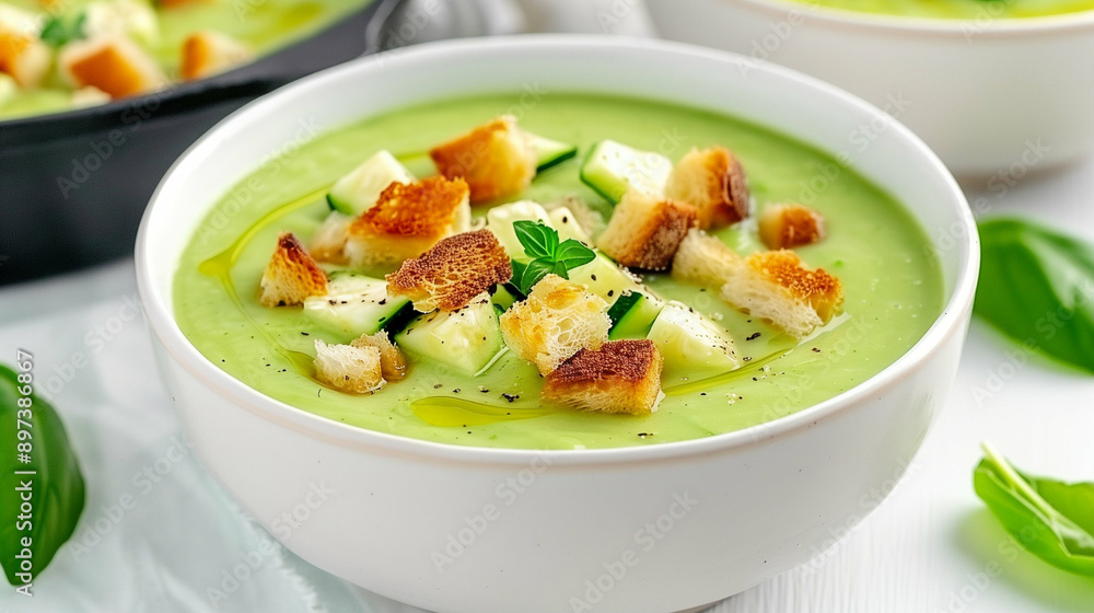 Delicious Green Soup with Croutons and Fresh Vegetables. Healthy Food for a Nutritious Meal Experience. Enjoy a Tasty Creamy Green Soup that Captivates the Senses Delicious Green Soup with Croutons and Fresh Vegetables. Healthy Food for a Nutritious Meal Experience. Enjoy a Tasty Creamy Green Soup that Captivates the Senses
