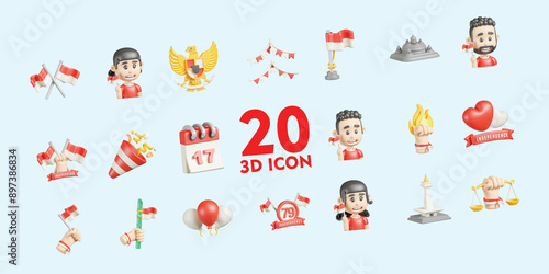 indonesia independece day 3d icon pack high resolution render photo