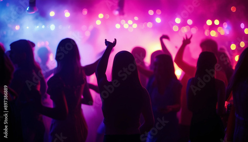 silhouettes of people dancing at a crowded party at midnight, colorful lights and smoke at background 