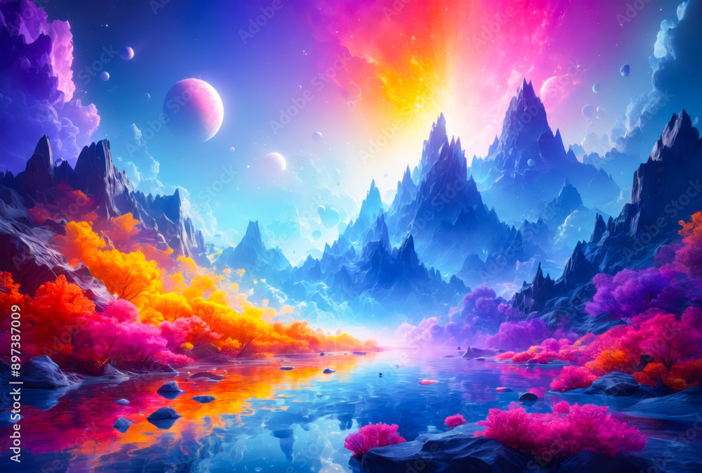 Obraz premium Vibrant, colorful landscape with mountains, clouds, and planets in the sky.