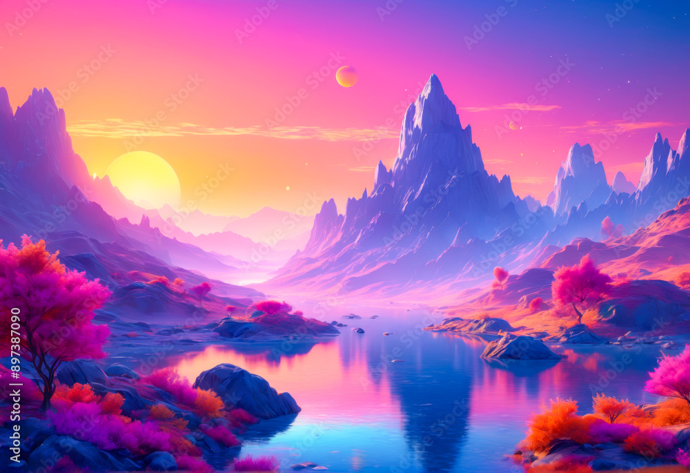 Vibrant digital painting of a scenic mountain landscape with a lake at sunset. Vibrant digital painting of a scenic mountain landscape with a lake at sunset.