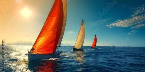 Sailing Competition: Sailboats racing on the open sea, with vibrant sails and a clear horizon