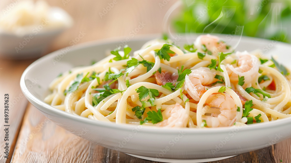 Pasta with Shrimp in Creamy Sauce. Delicious Seafood Dish with Fresh Herbs on Wooden Table. A Gourmet Recipe for Shrimp Pasta Lovers Pasta with Shrimp in Creamy Sauce. Delicious Seafood Dish with Fresh Herbs on Wooden Table. A Gourmet Recipe for Shrimp Pasta Lovers