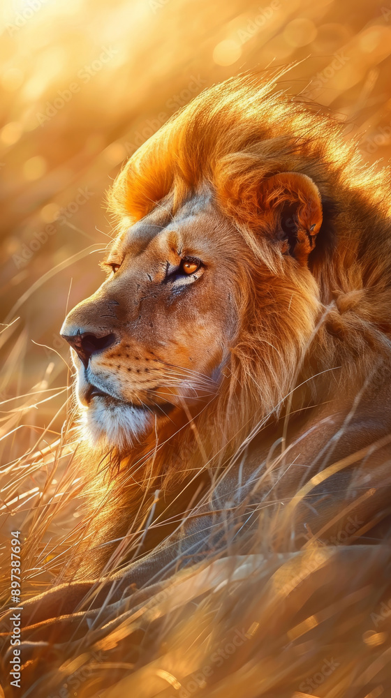 Fototapeta premium Majestic lion basking in golden sunset light