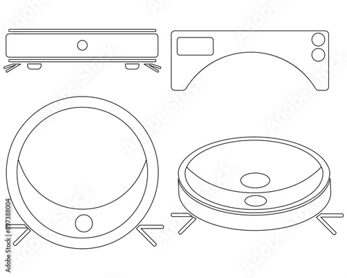 Set of contours of a robot vacuum cleaner from different angles, outline icons of home appliances