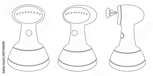 Set of outlines of a clothes steamer from different angles, outline icons of home appliances