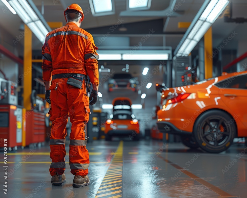 Obraz premium Professional Automotive Engineer Conducts Thorough Inspection of Vehicles at Modern Service Center, Ensuring Quality and Safety for Every Customer