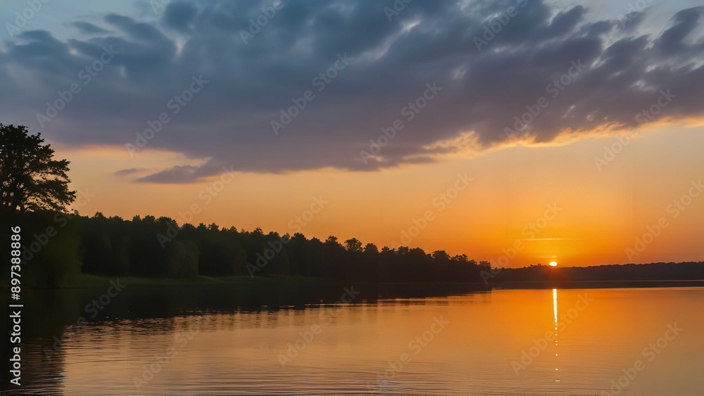 A serene sunset over a tranquil lake with reeds along the edge, casting a warm orange glow on the water, creating a peaceful landscape. A serene sunset over a tranquil lake with reeds along the edge, casting a warm orange glow on the water, creating a peaceful landscape.