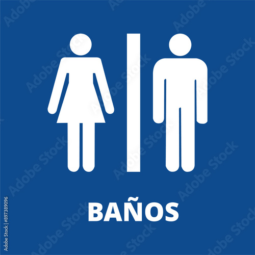 Cartel de cuarto de baño de hombre y mujer en color blanco y azul. Vector
